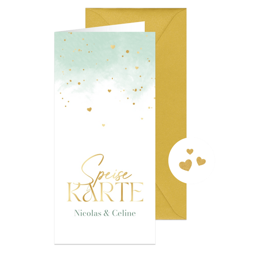 Speisekarte Hochzeit mintgrünes Aquarell & Goldherzchen - Karteneindruck
