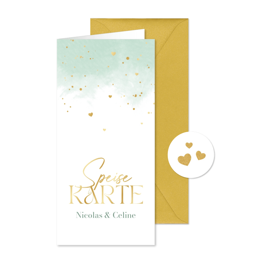 Speisekarte Hochzeit mintgrünes Aquarell & Goldherzchen - Karteneindruck