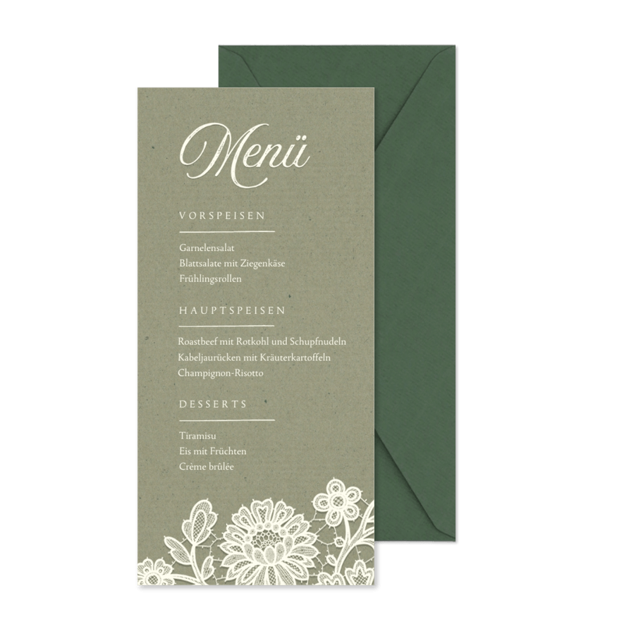 Speisekarte Hochzeit romantisch Spitze olivgrün - Karteneindruck
