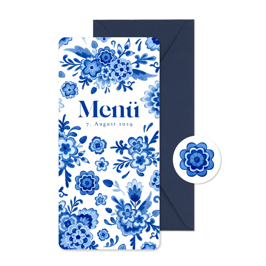 Speisekarte Hochzeitsfeier Delfter Blau Blumendekor - Karteneindruck