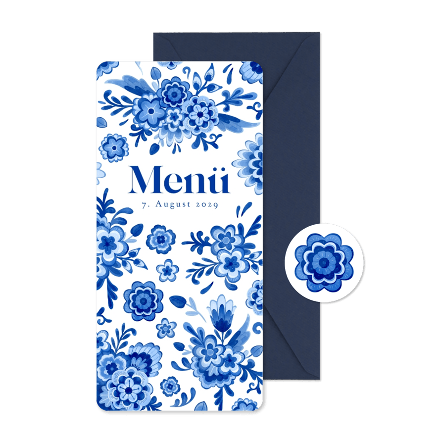 Speisekarte Hochzeitsfeier Delfter Blau Blumendekor - Kartenvorschau