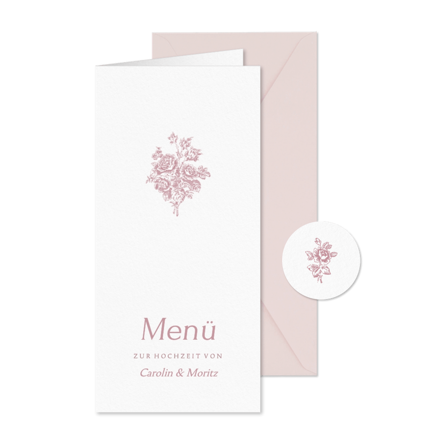 Speisekarte Hochzeitsfeier romantische Rosen rosa - Karteneindruck