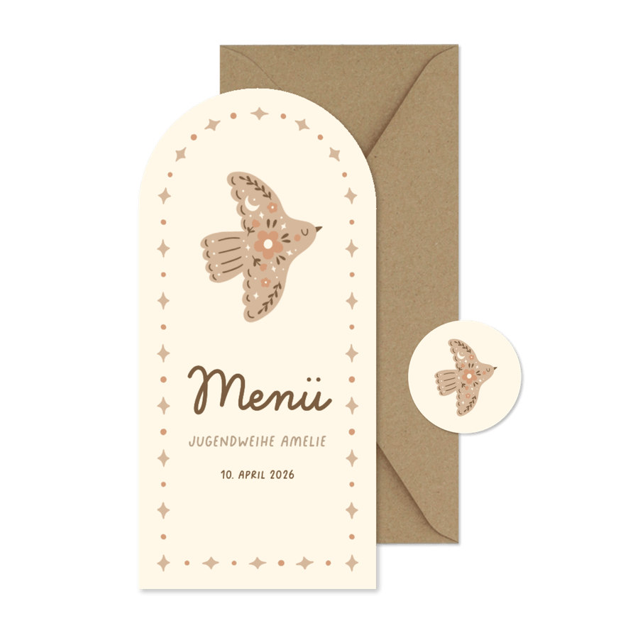 Speisekarte Jugendweihe Bogenform Vogel mit Ornamenten - Karteneindruck
