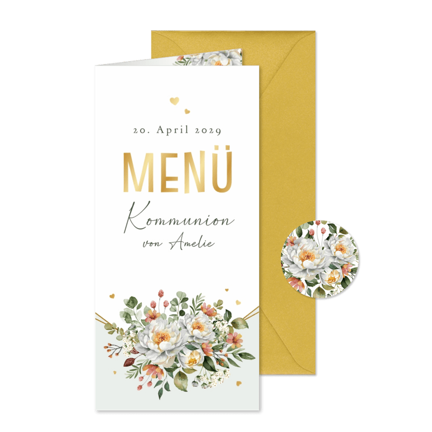 Speisekarte Kommunion Blumenbukett Golddruck - Kartenvorschau