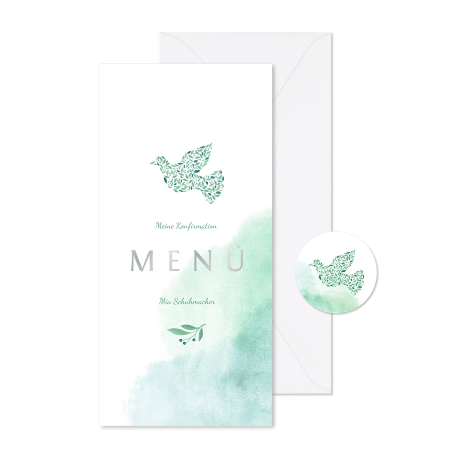 Speisekarte Konfirmation Taube und Wasserfarbe - Karteneindruck

