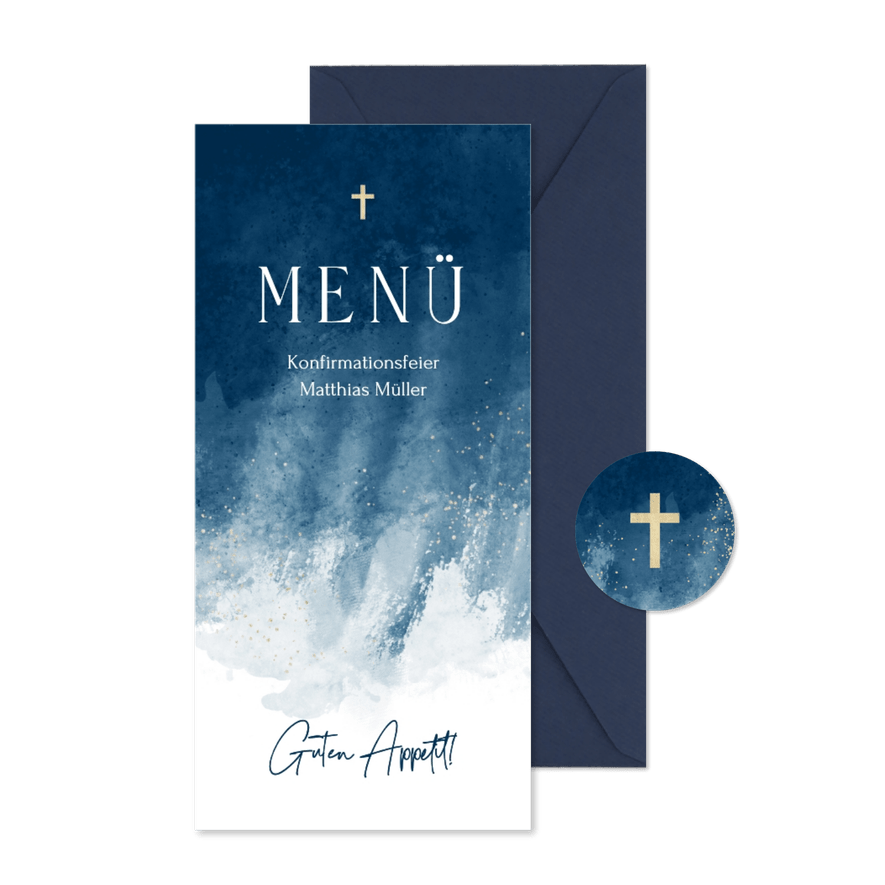 Speisekarte Konfirmationsfeier Aquarell modern dunkelblau - Karteneindruck
