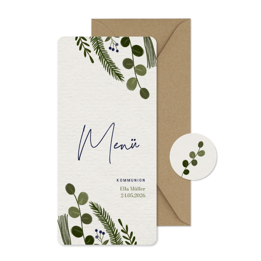Speisekarte Menü Kommunion Zweige Botanisch Papier - Kartenvorschau
