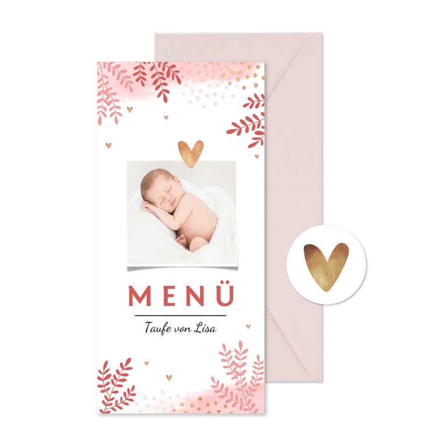Speisekarte Taufe botanischer Aquarelllook Foto - Karteneindruck

