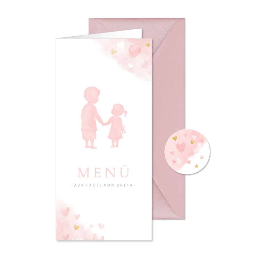 Speisekarte Taufe rosa großer Bruder und kleine Schwester - Karteneindruck