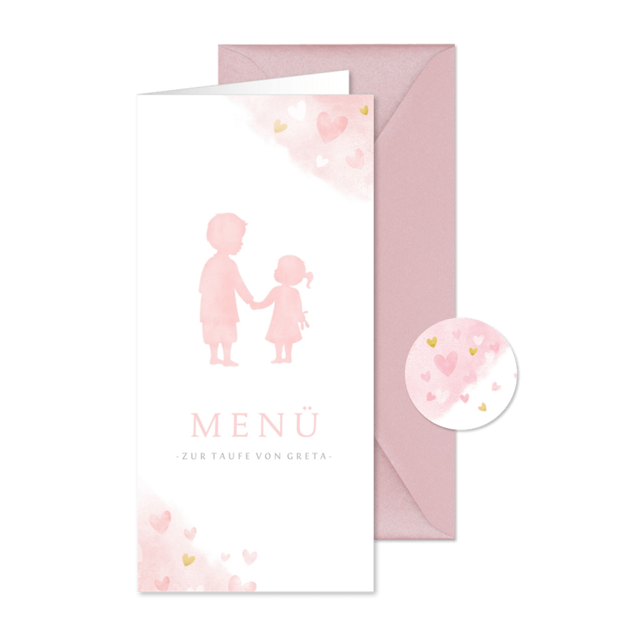 Speisekarte Taufe rosa großer Bruder und kleine Schwester - Karteneindruck