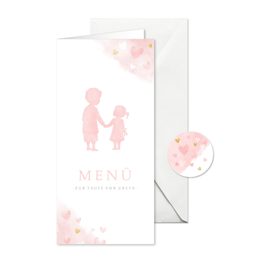Speisekarte Taufe rosa großer Bruder und kleine Schwester - Karteneindruck