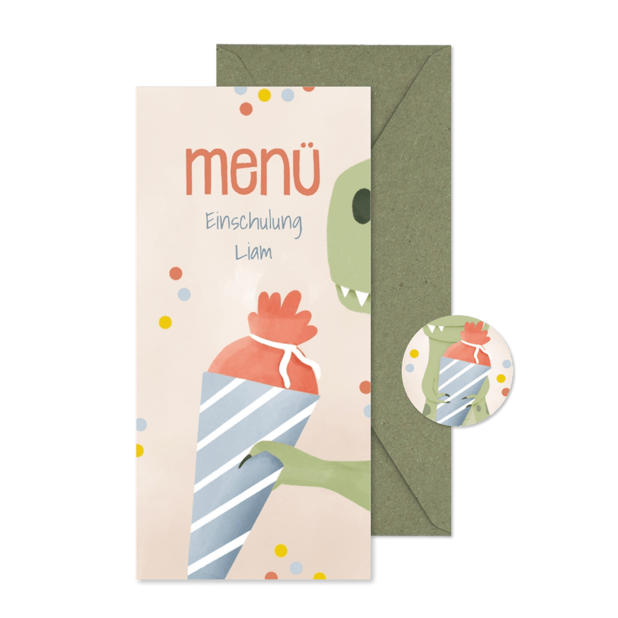 Speisekarte zur Einschulung Dino mit Schultüte - Karteneindruck
