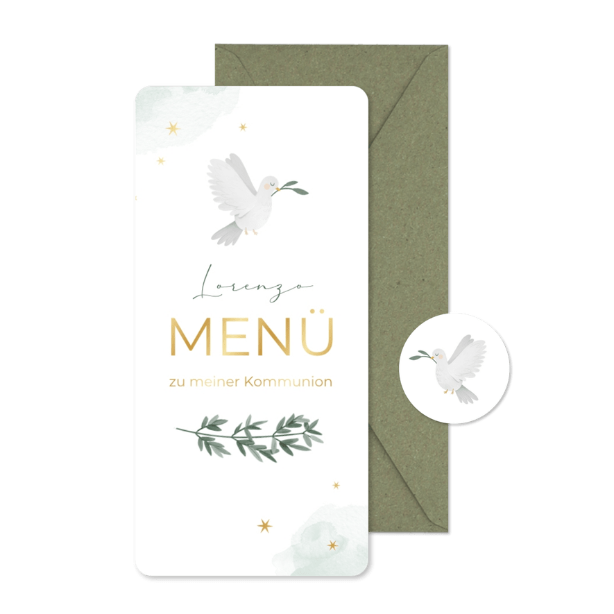Speisekarte zur Kommunionsfeier Taube und Zweig - Karteneindruck
