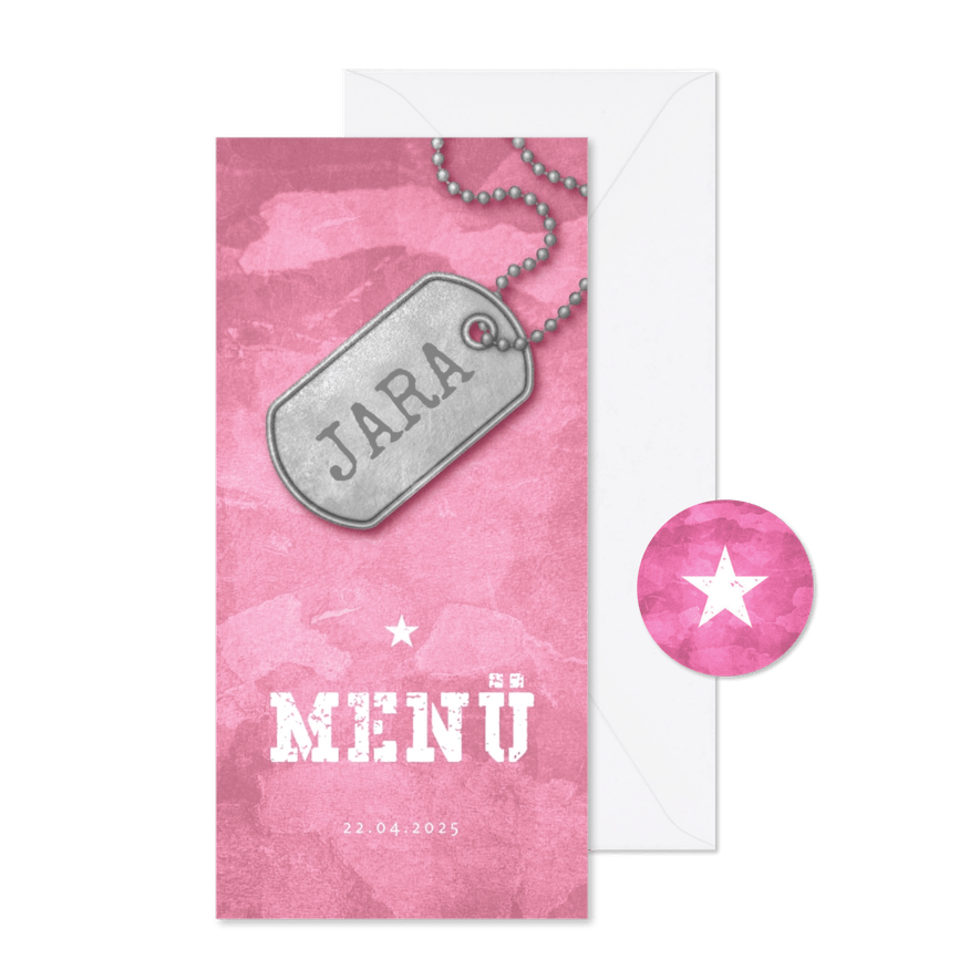 Speisekarte zur Konfirmation Militarylook rosa - Karteneindruck
