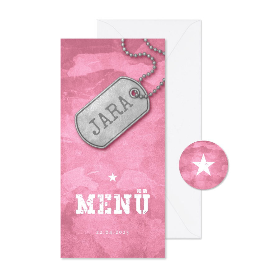 Speisekarte zur Konfirmation Militarylook rosa - Karteneindruck