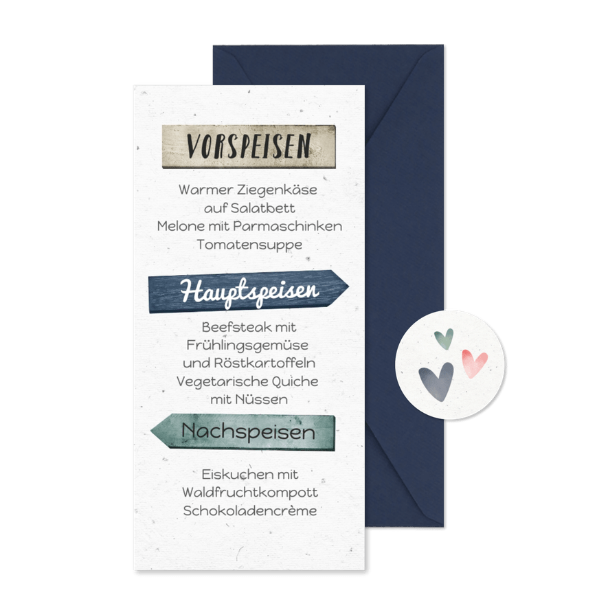 Speisekarte zur Taufe blau Wegweiser und Herzen - Karteneindruck