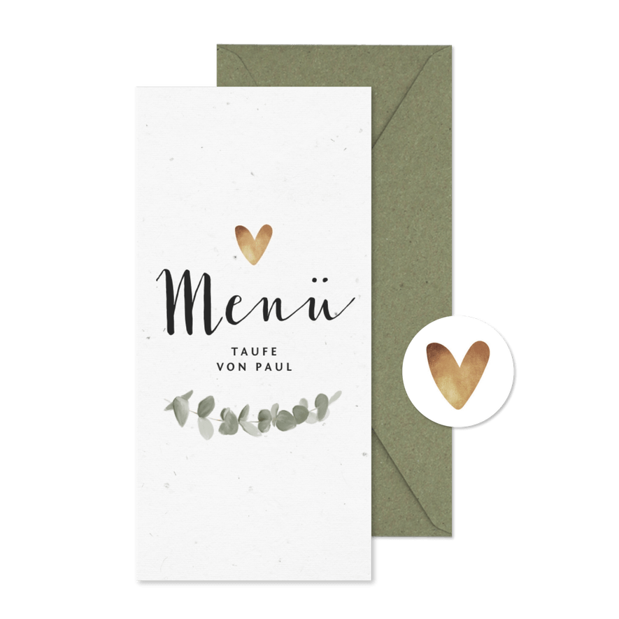 Speisekarte zur Taufe Eukalyptus und Herzen - Karteneindruck