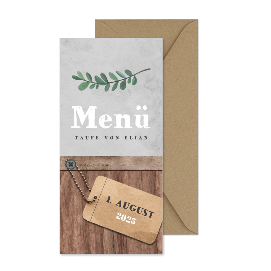 Speisekarte zur Taufe Holzlook mit Anhänger - Karteneindruck
