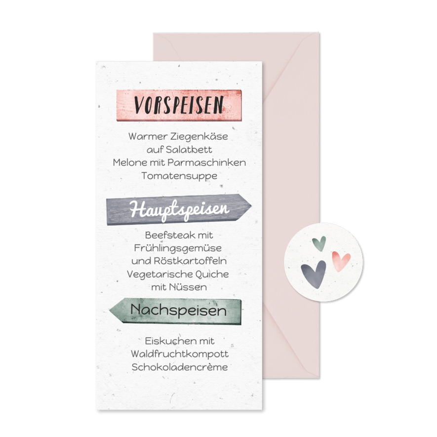 Speisekarte zur Taufe rosa Wegweiser und Herzen - Karteneindruck
