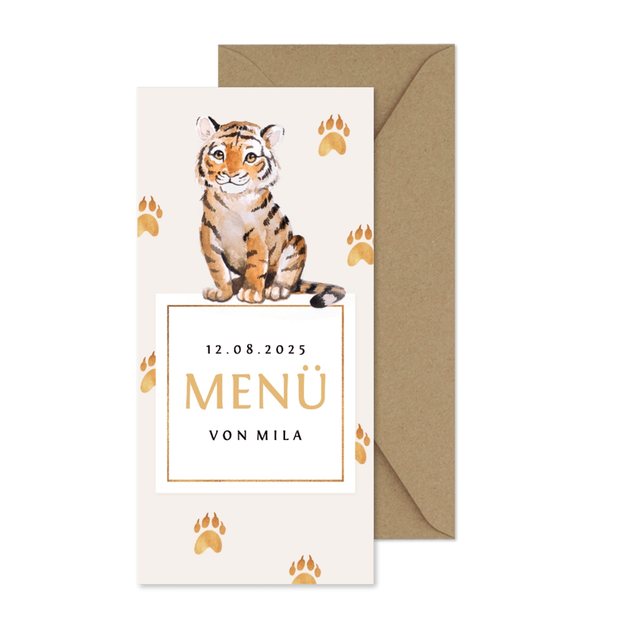 Speisekarte zur Taufe süßer Tiger - Karteneindruck
