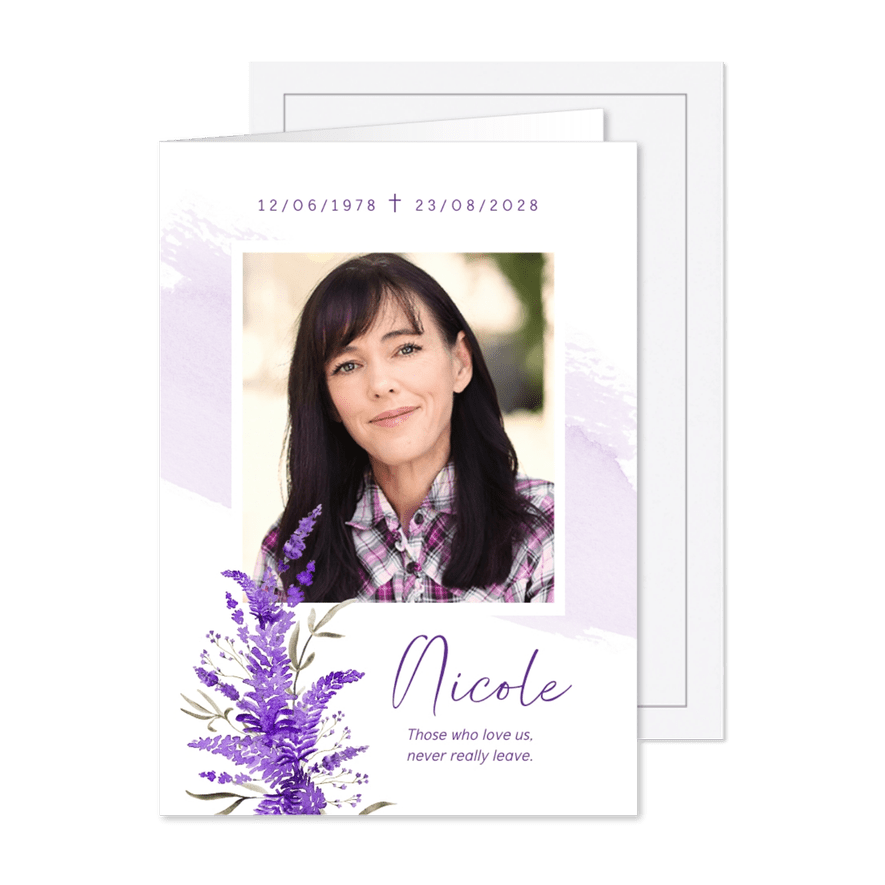 Sterbebild-Karte Foto und lila Blumen - Karteneindruck
