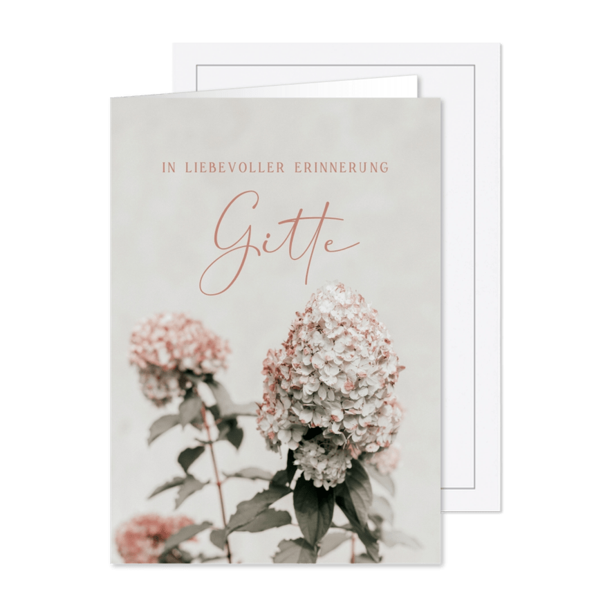 Sterbebild mit Fotografie von Hortensien - Karteneindruck
