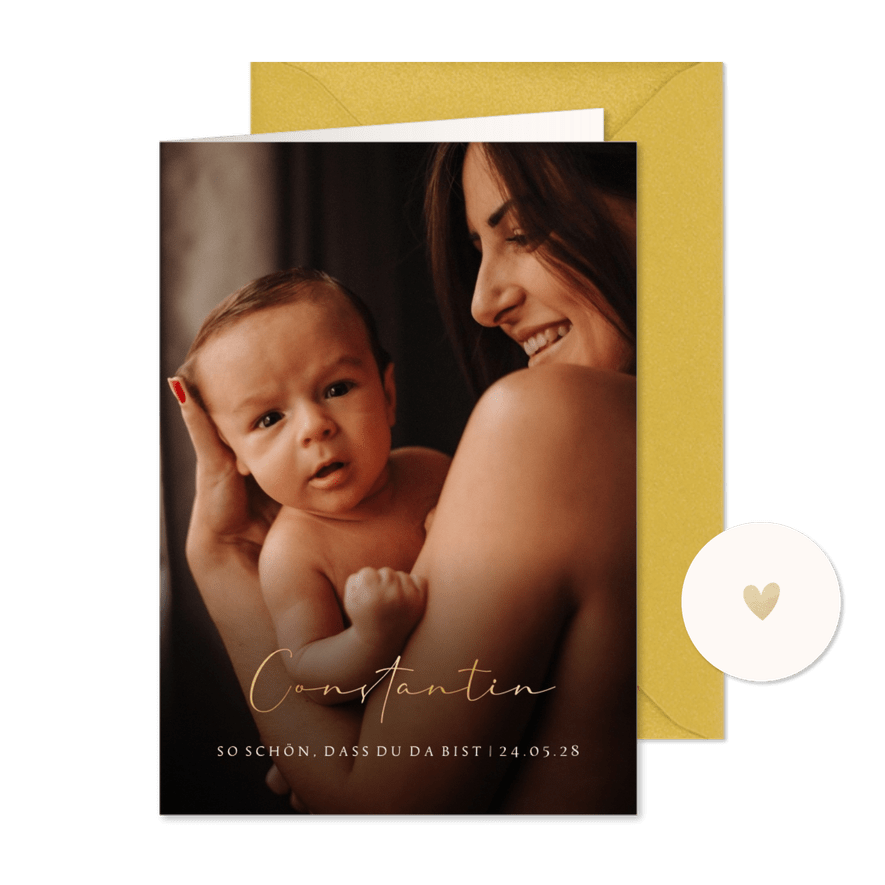 Stilvolle Geburtskarte großes Foto & Goldschrift - Karteneindruck
