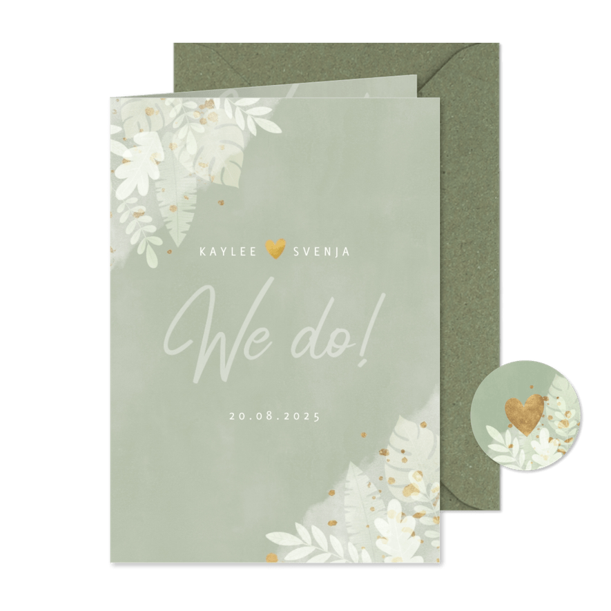 Stilvolle Hochzeitseinladung Dschungelblätter und Foto innen - Karteneindruck