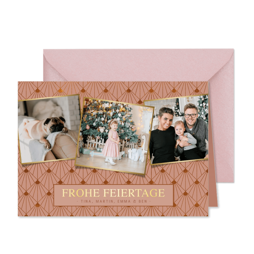 Stilvolle Weihnachtskarte altrosa mit drei eigenen Fotos - Karteneindruck
