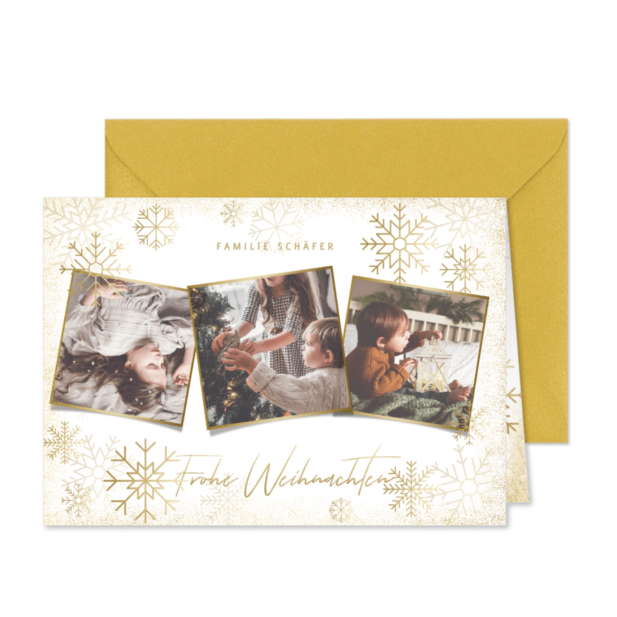 Stilvolle Weihnachtskarte goldene Schneeflocken & Fotos - Kartenvorschau
