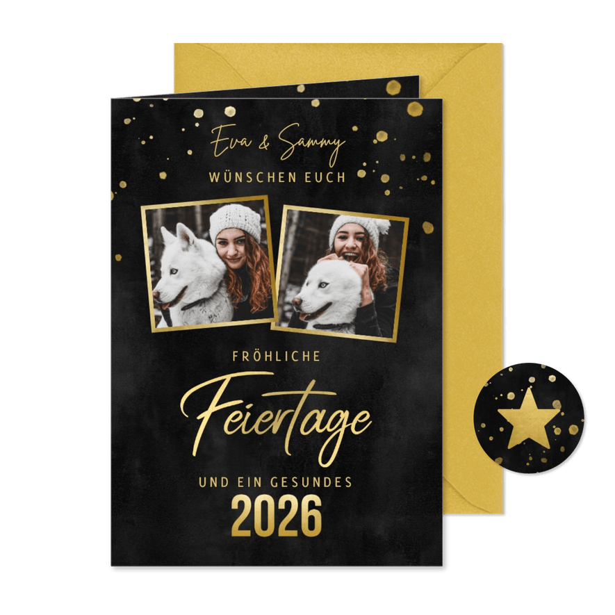 Stilvolle Weihnachtskarte Goldlook mit Fotos - Karteneindruck