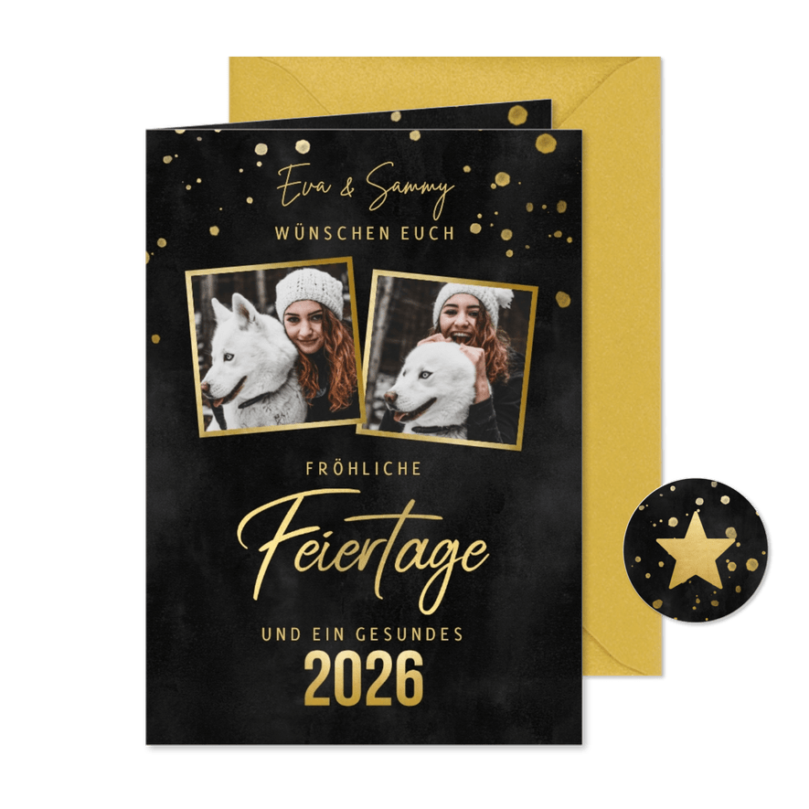 Stilvolle Weihnachtskarte Goldlook mit Fotos - Karteneindruck