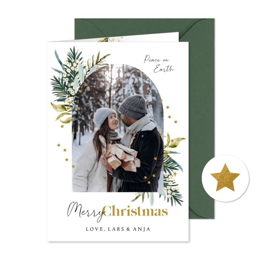 Stilvolle Weihnachtskarte mit Foto und Tannenzweigen - Kartenvorschau
