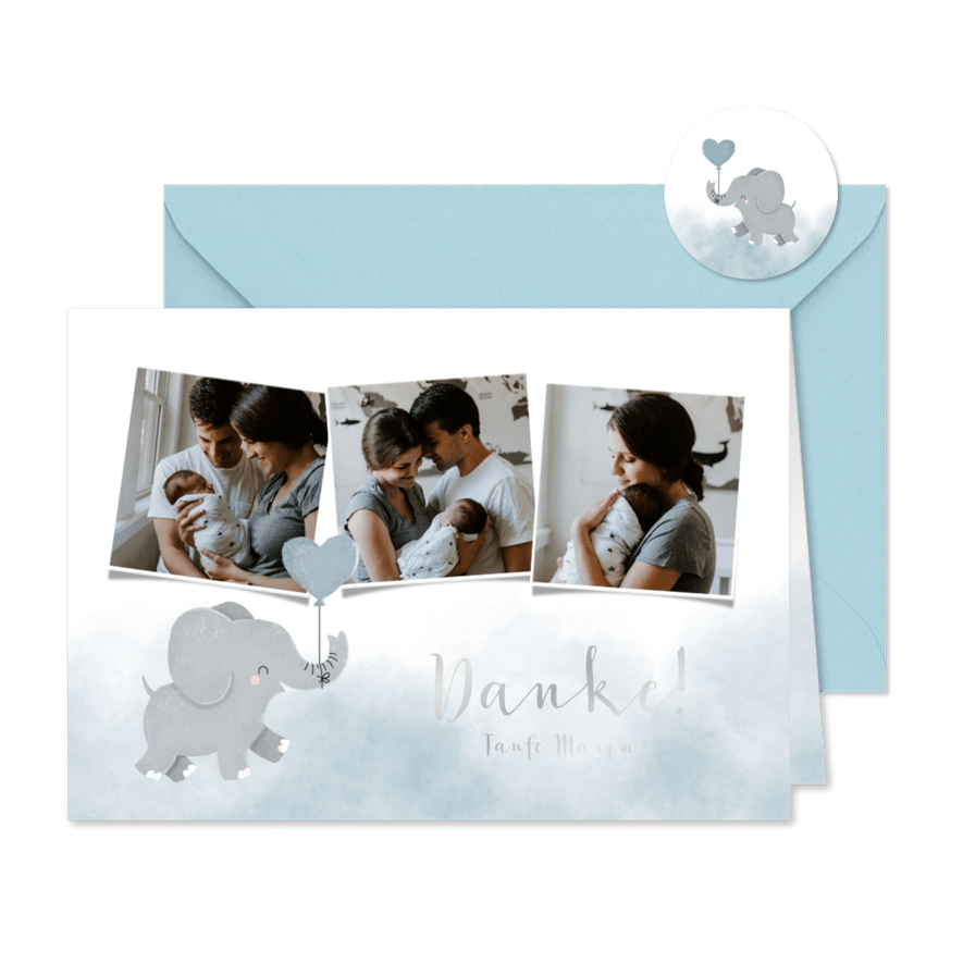 Taufe Dankeskarte blau Aquarell Elefant Luftballon & Fotos - Karteneindruck