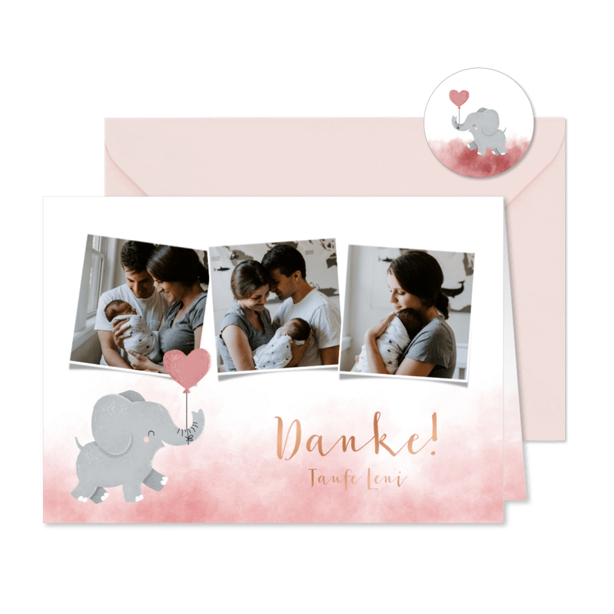 Taufe Dankeskarte rosa Aquarell Elefant Luftballon & Fotos - Karteneindruck