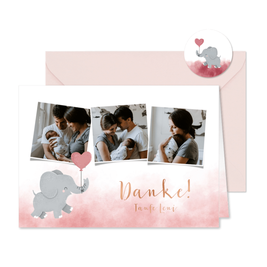 Taufe Dankeskarte rosa Aquarell Elefant Luftballon & Fotos - Karteneindruck