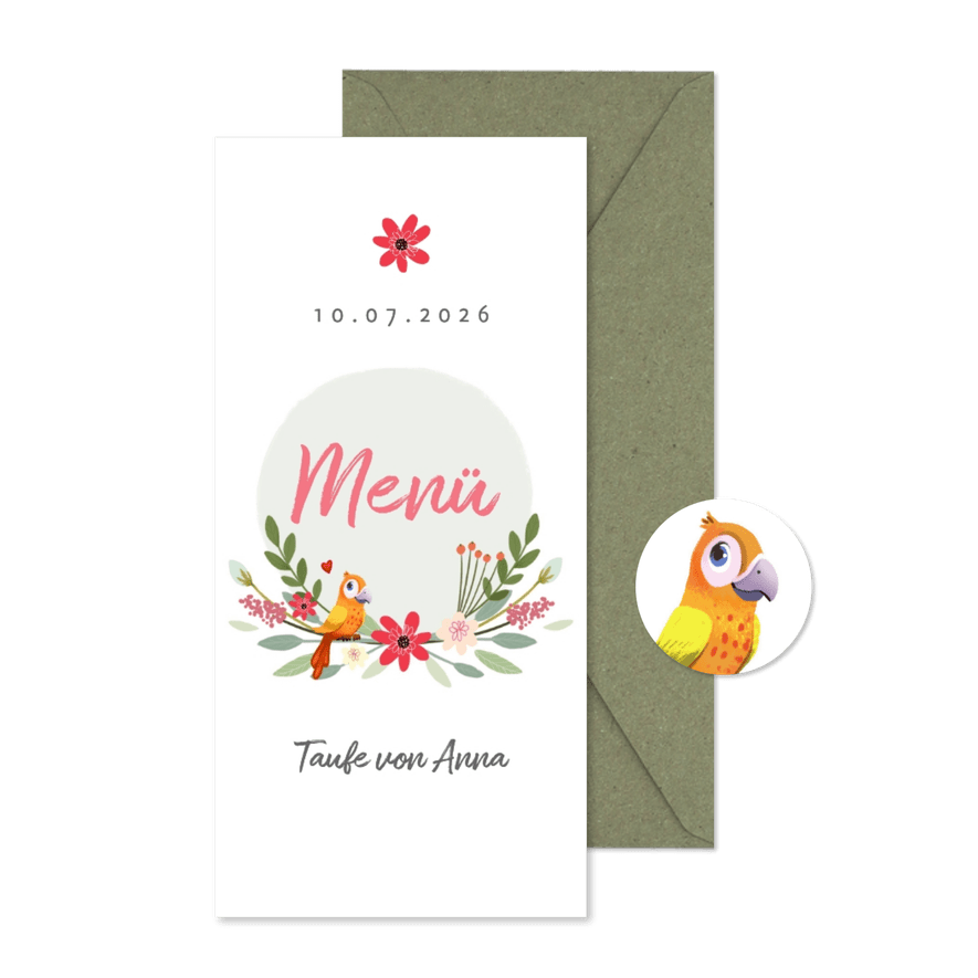 Taufe Menükarte mit Blumen und Vogel - Karteneindruck
