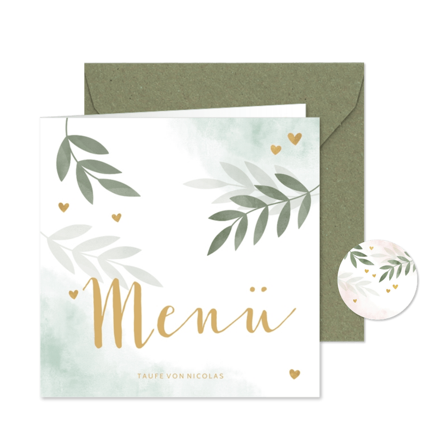 Taufe Speisekarte botanisch grün Foto innen - Karteneindruck
