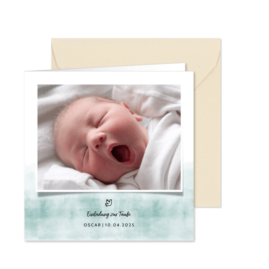 Taufeinladung aquagrün Foto und Taube - Karteneindruck
