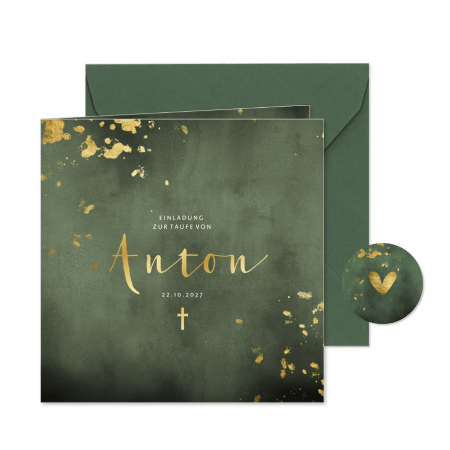 Taufeinladung Aquarell grün Goldkonfetti Foto innen - Karteneindruck