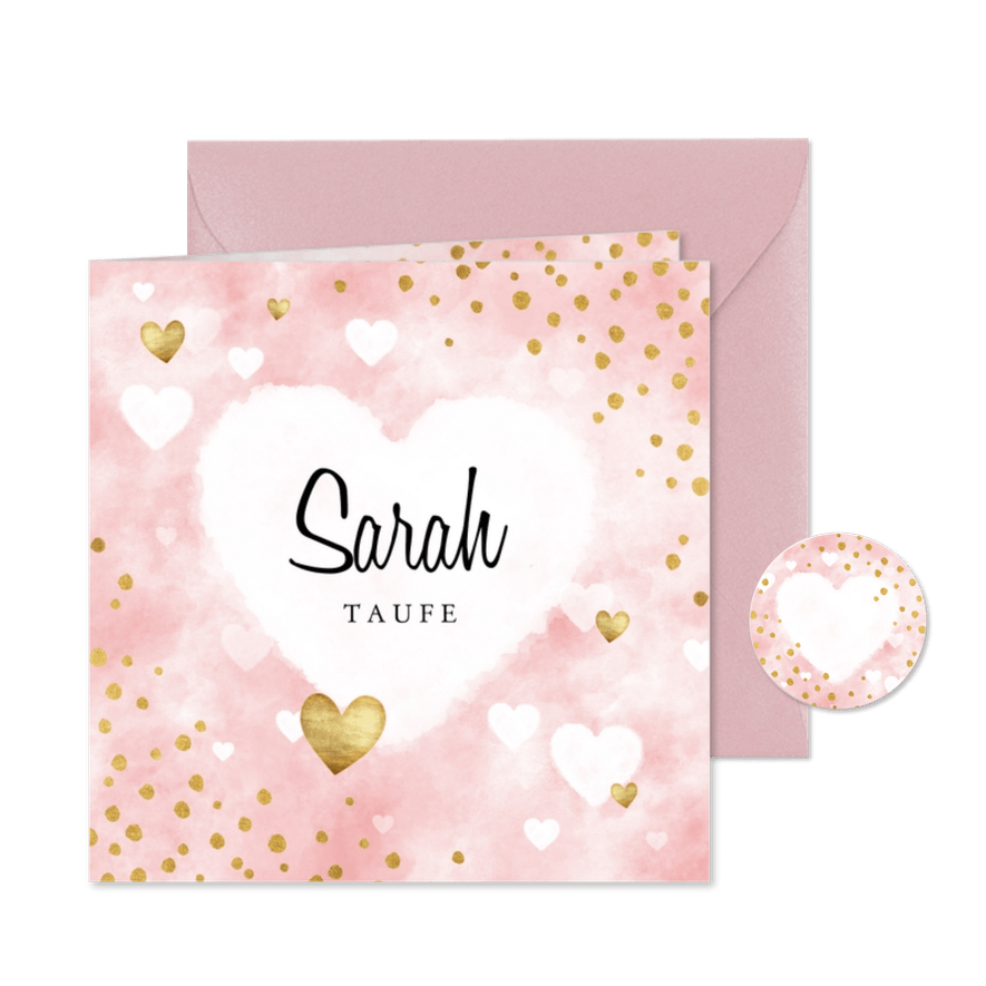 Taufeinladung Aquarell rosa Punkte und Herzen Foto innen - Karteneindruck
