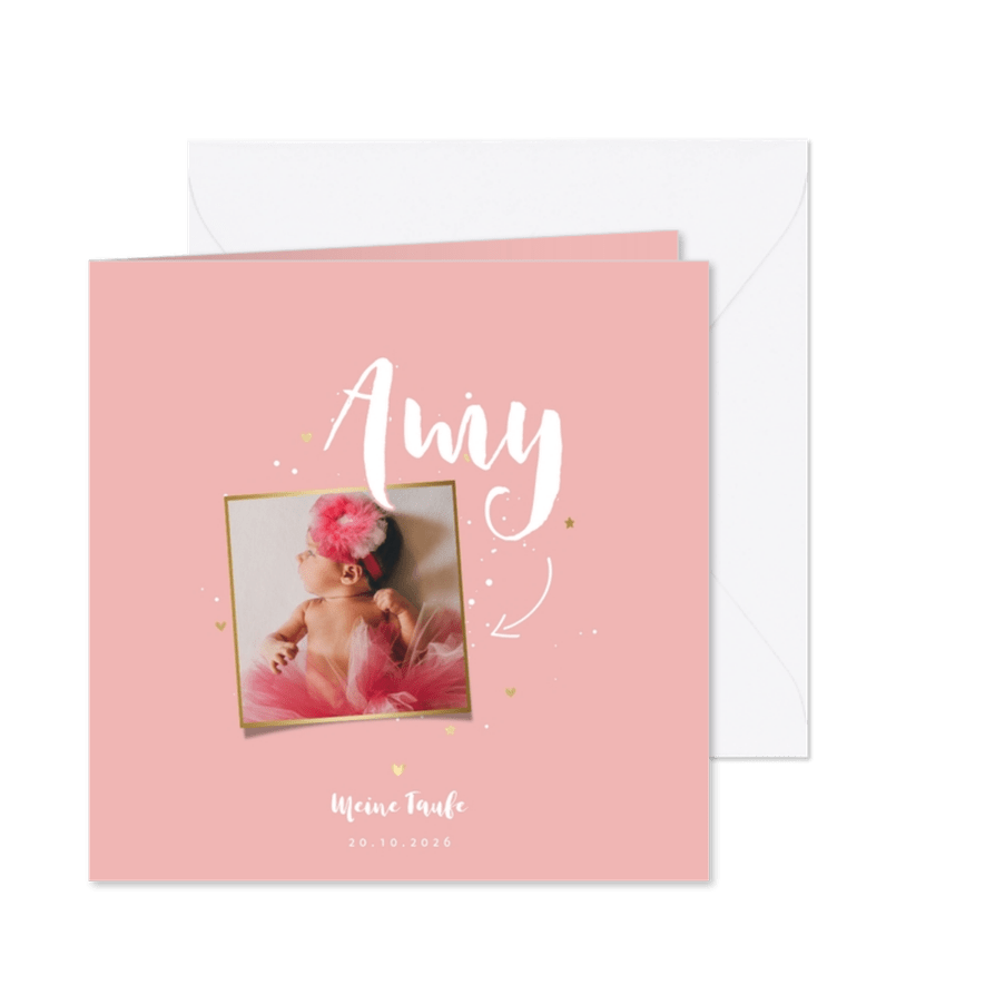 Taufeinladung babyrosa Foto & Herzen - Karteneindruck
