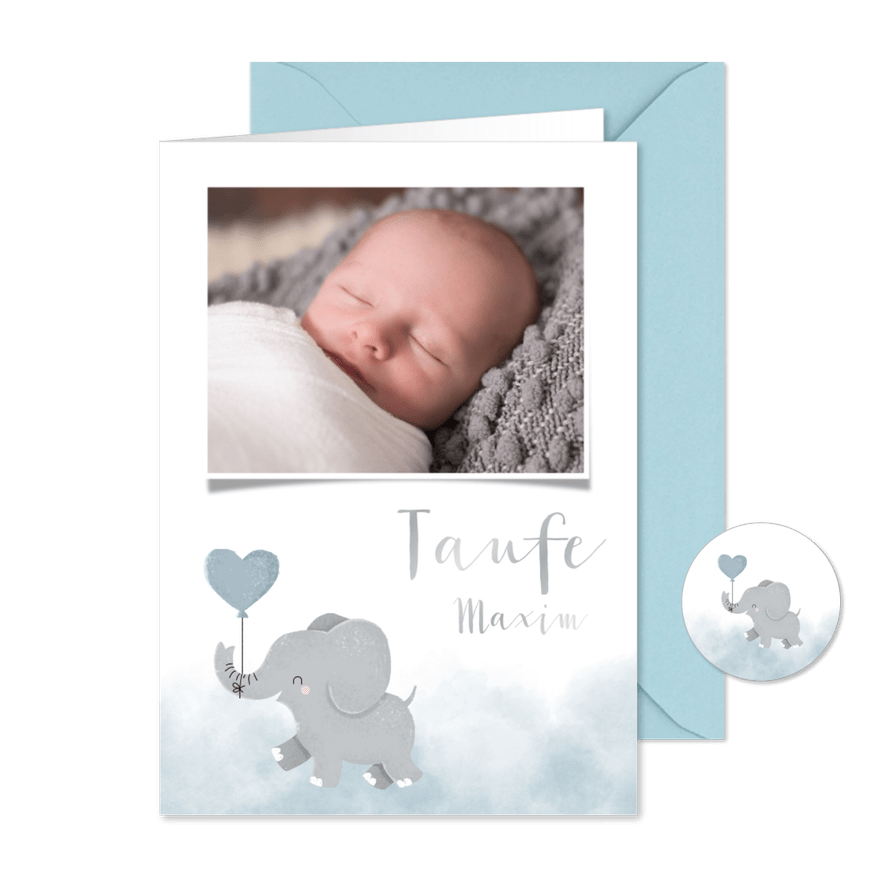 Taufeinladung blau Aquarell Elefant mit Luftballon & Foto - Karteneindruck