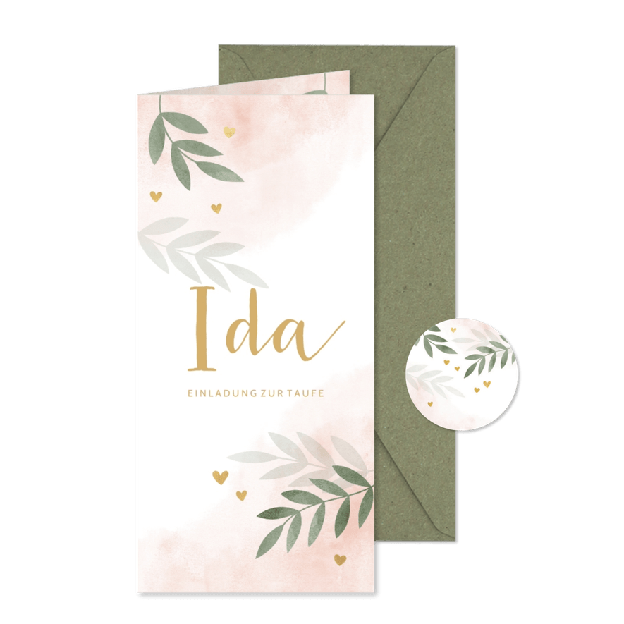 Taufeinladung botanisch rosa Foto innen - Karteneindruck