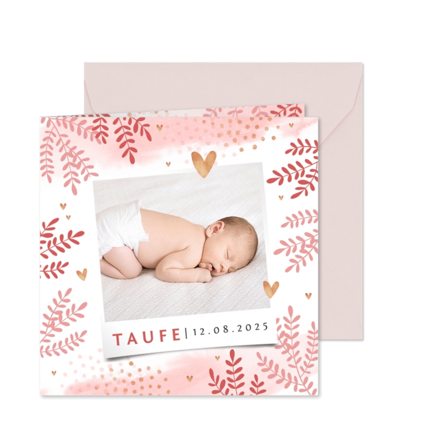 Taufeinladung botanischer Aquarelllook mit Foto - Karteneindruck
