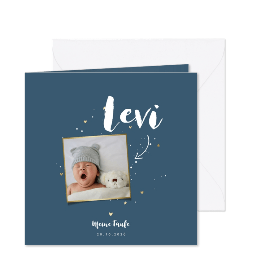 Taufeinladung dunkelblau Foto & Herzen - Karteneindruck

