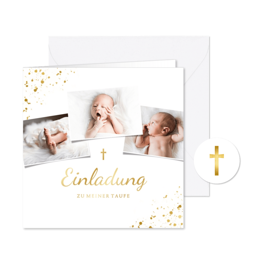 Taufeinladung eigene Fotos goldenes Kreuz - Kartenvorschau