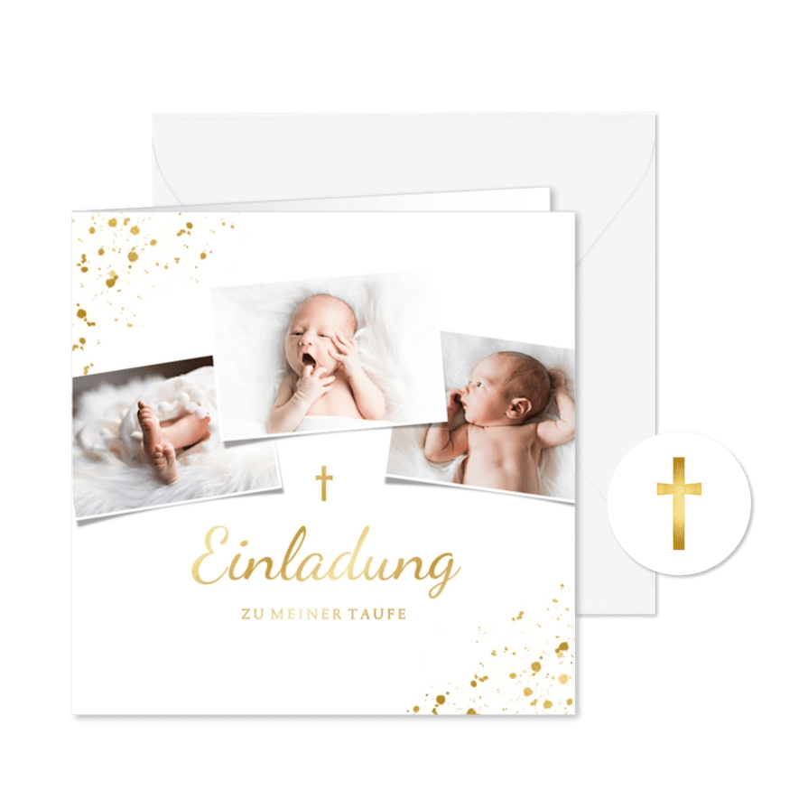 Taufeinladung eigene Fotos goldenes Kreuz - Karteneindruck