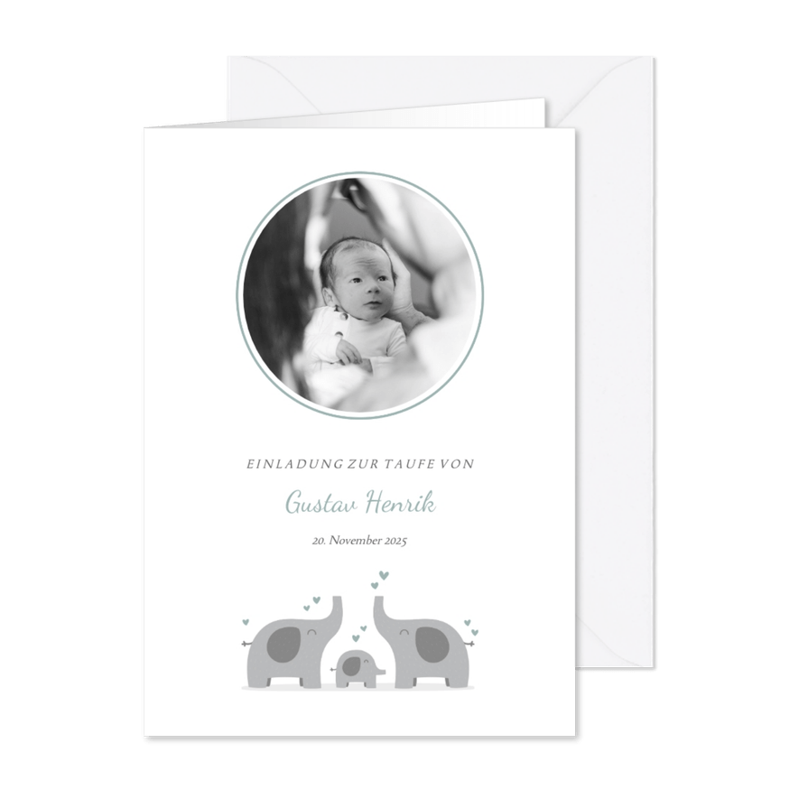 Taufeinladung eigenes Foto Elefantenfamilie blau - Karteneindruck