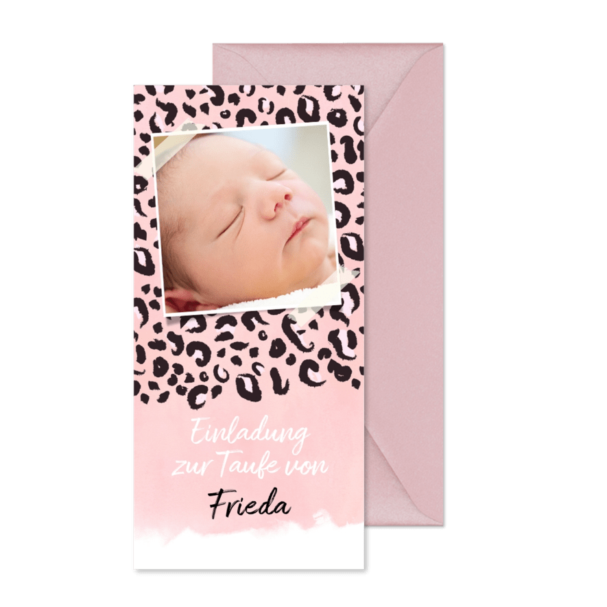 Taufeinladung eigenes Foto Leopardenprint rosa - Karteneindruck
